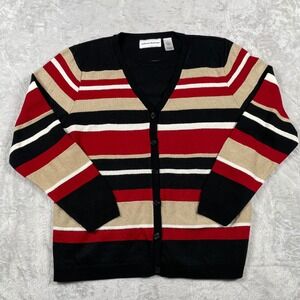 Alfred Dunner‎ Striped Cardigan Sweater Black Red Beige White Womens S